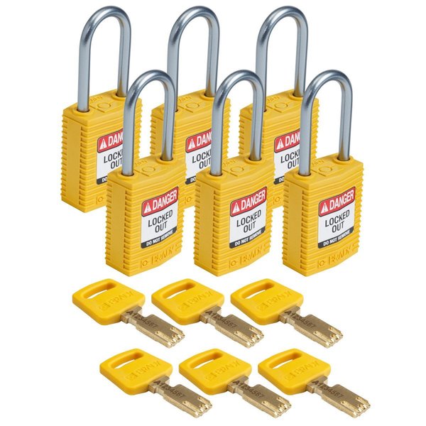 Brady Compact SafeKey Key Retaining Nylon Padlock 1.5in Aluminum Shackle KD Yellow 6PK CPT-YLW-38AL-KD6PK